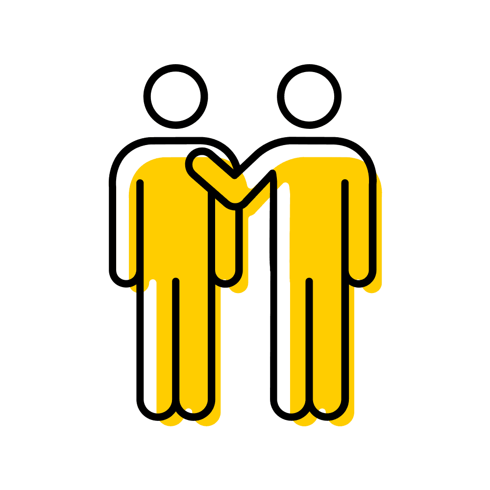 graphic of two people standing next to one another. one has their hand on the other's back showing support.