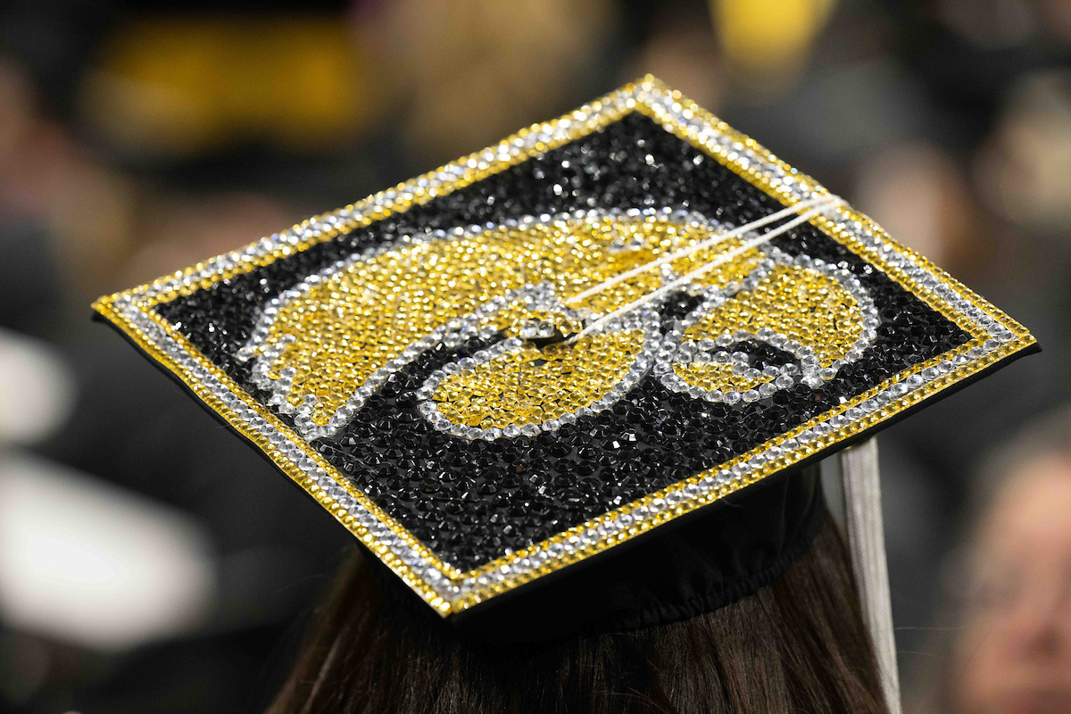 Commencement cap with a glittery tigerhawk design on the top.