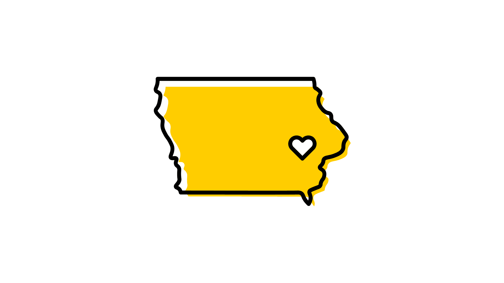 Icon of the state of Iowa with a heart in the location of Iowa City.