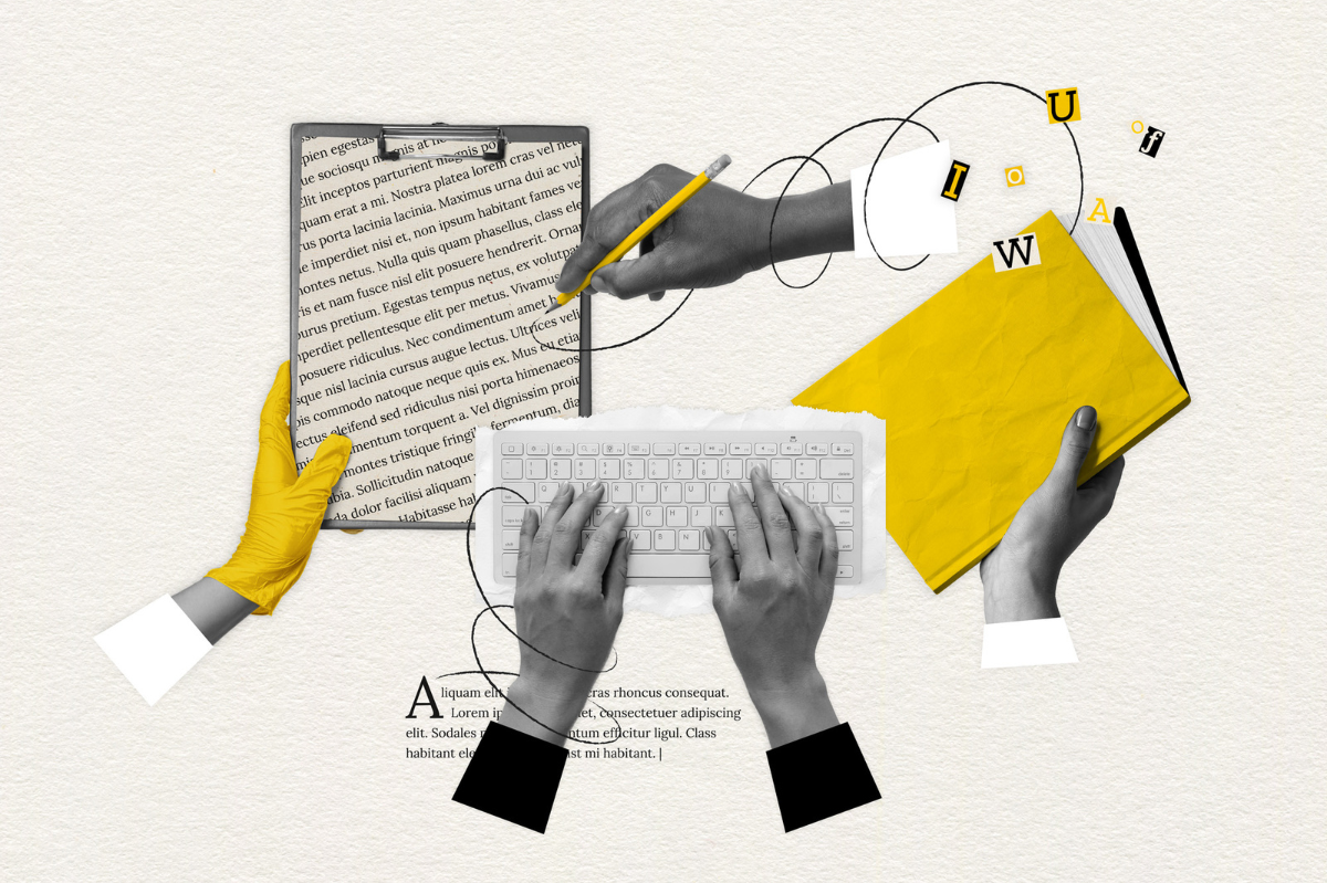 Art work of hands typing on keyboard and writing on notepad