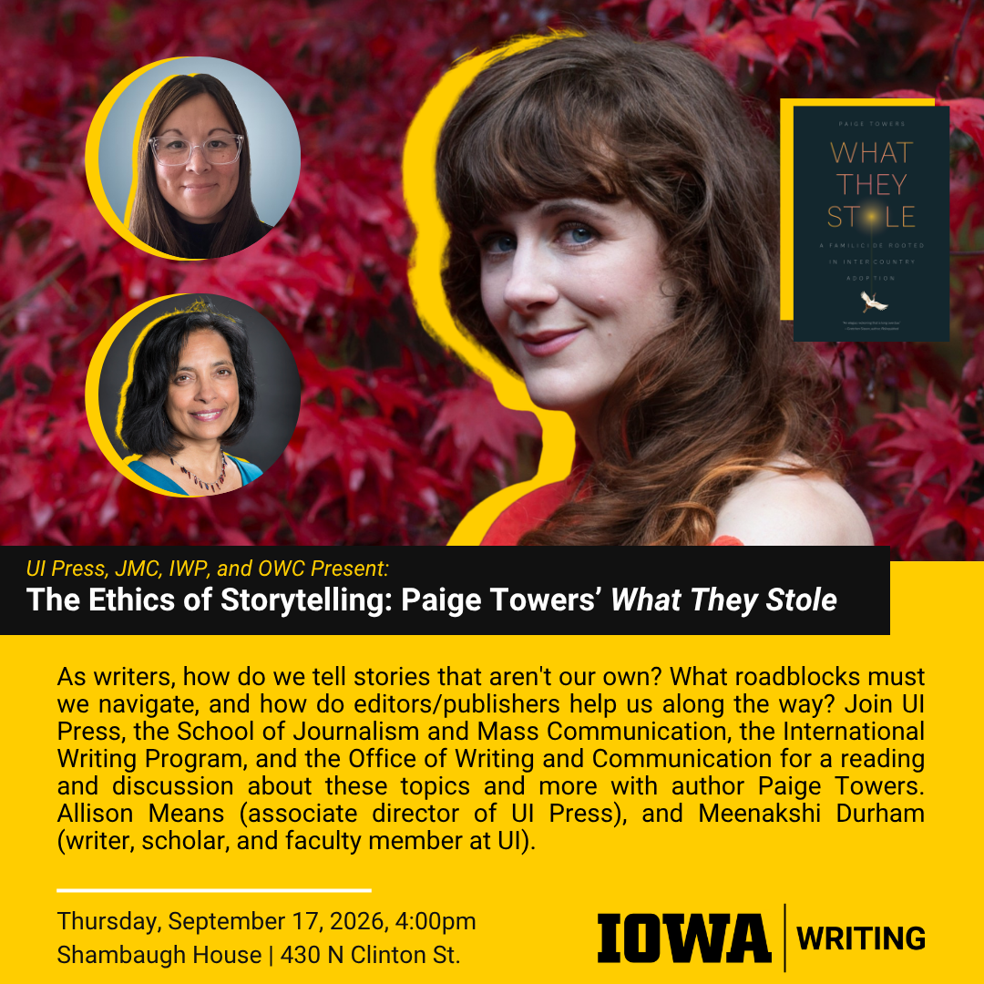 three women, book cover for what they stole, event details for the Ethics of Storytelling, Septembe r17 at 4 p.m. at Shambaugh House