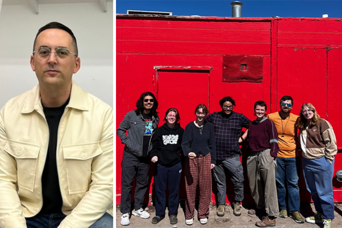 Image: Andrew Casto photo on the left, students standing against a red wall on the right