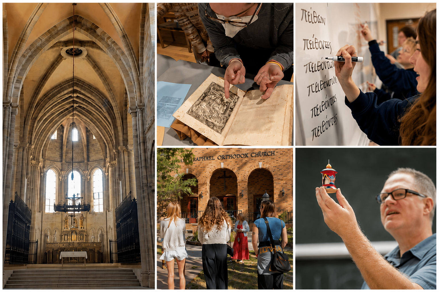 A five-panel photo collage bordered in Hawkeye gold: a tall interior view of Bamberg Cathedral's Gothic vaulted nave on the left, paired on the right with a student pointing at an illustration in a centuries-old rare book, a student writing Ancient Greek verb forms on a whiteboard, a group of students gathered outside Saint Raphael Orthodox Church, and a professor holding up a small painted Tibetan prayer wheel while teaching.