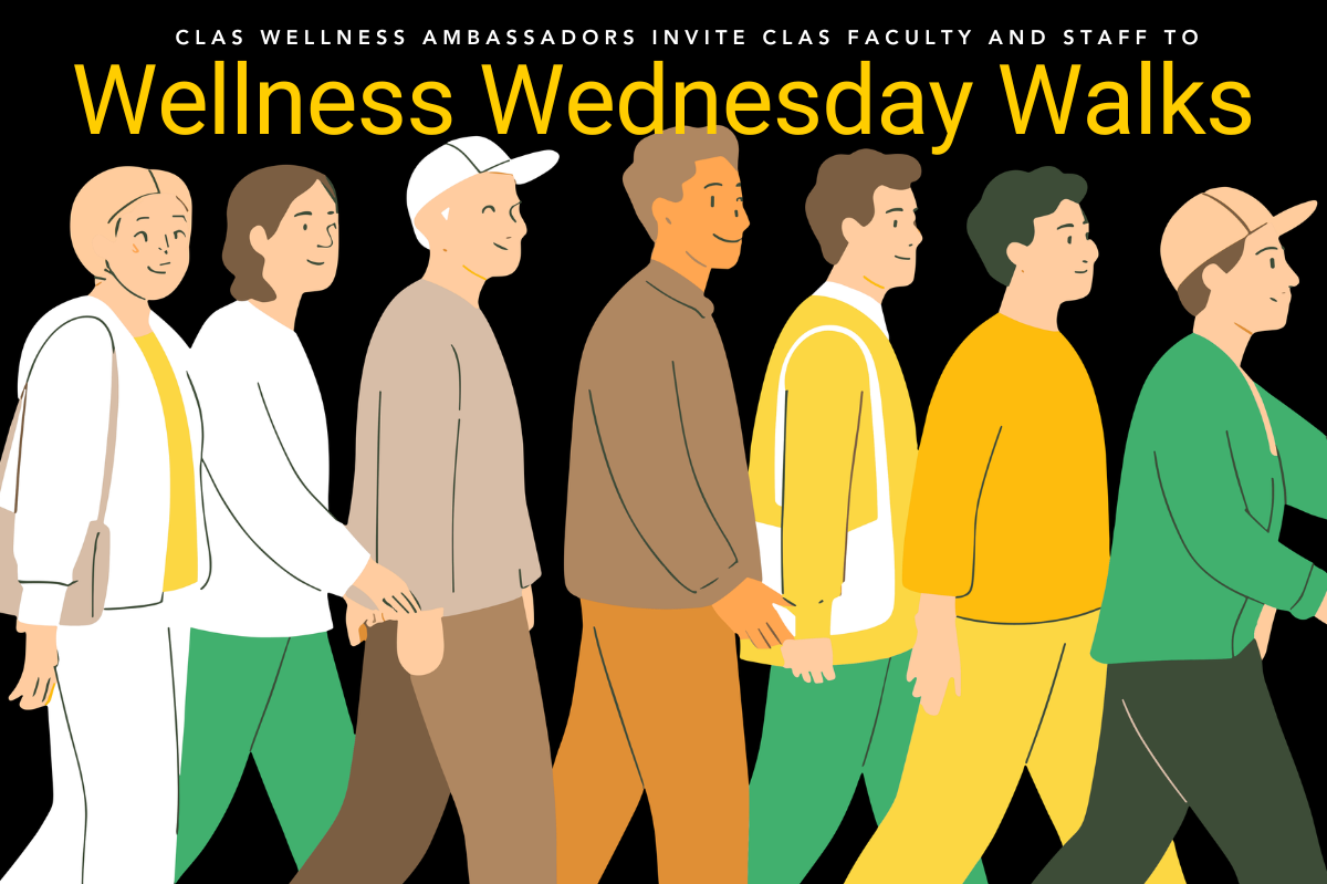 An illustration of different people walking in a line: Join your colleagues for a lunchtime walk around campus.