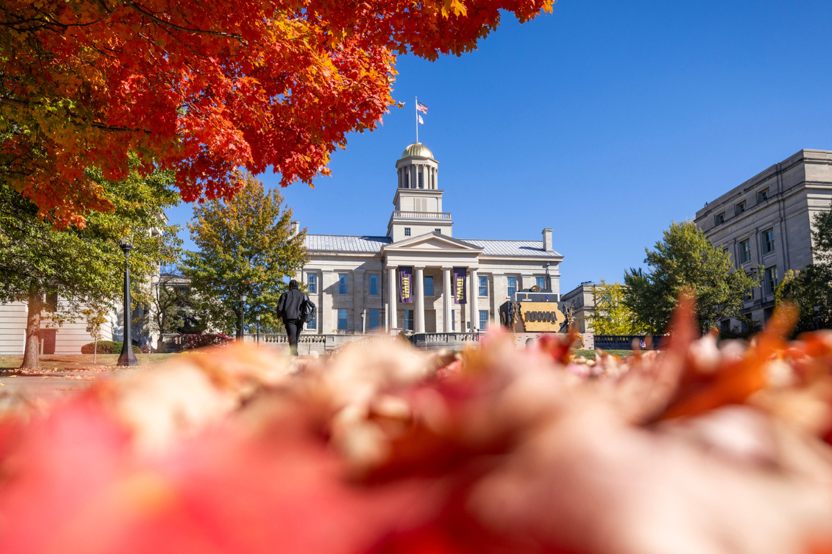 View of Old Capitol from fallen red leaves on the ground