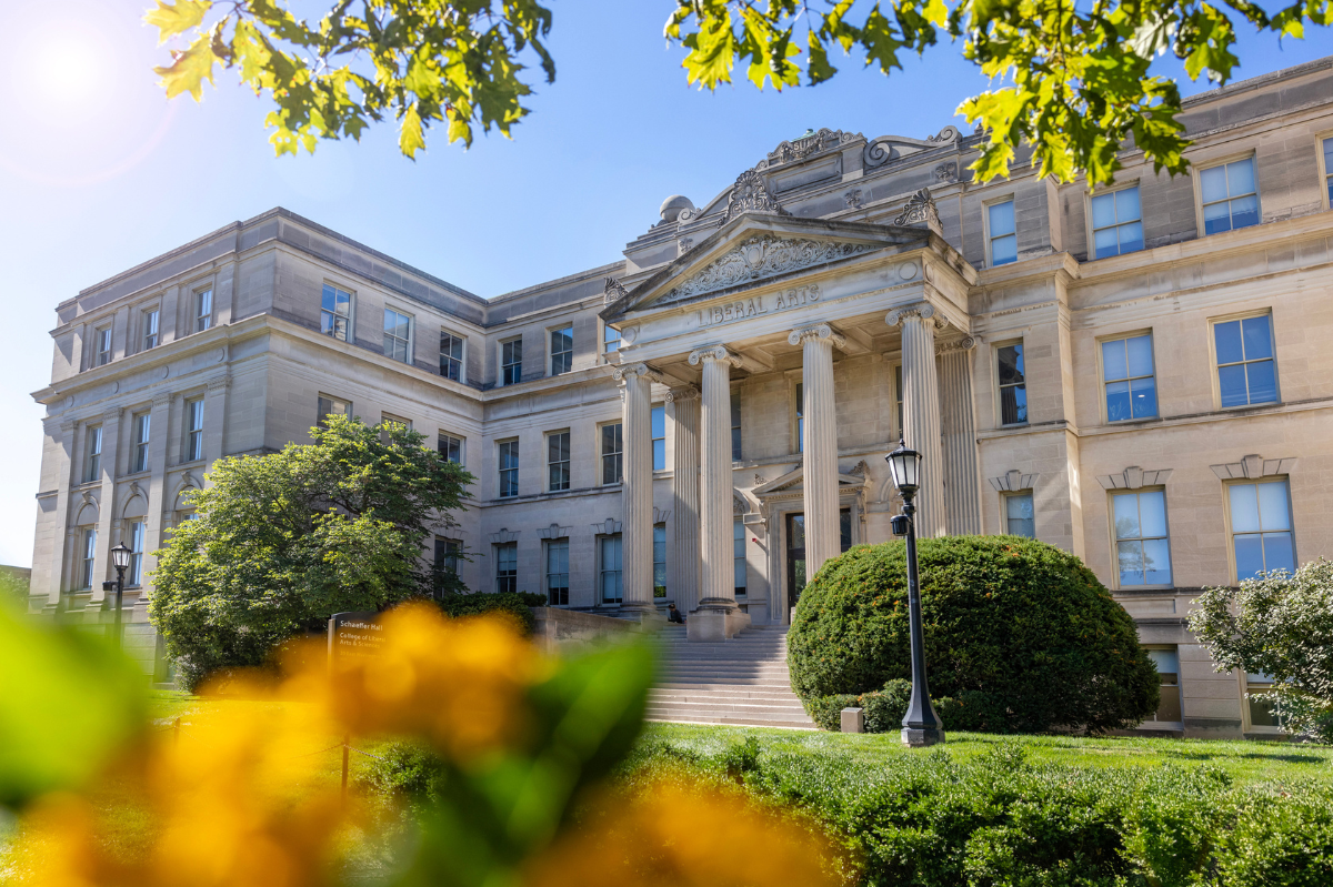 Yellow flowers and green tree leaves frame Schaeffer Hall