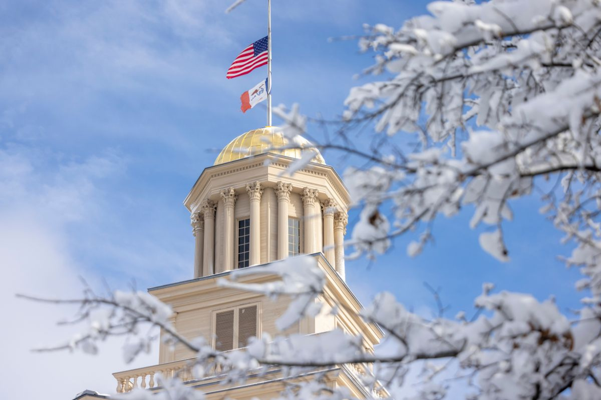 Image: Iowa City's Old Capitol gold dome in the winter