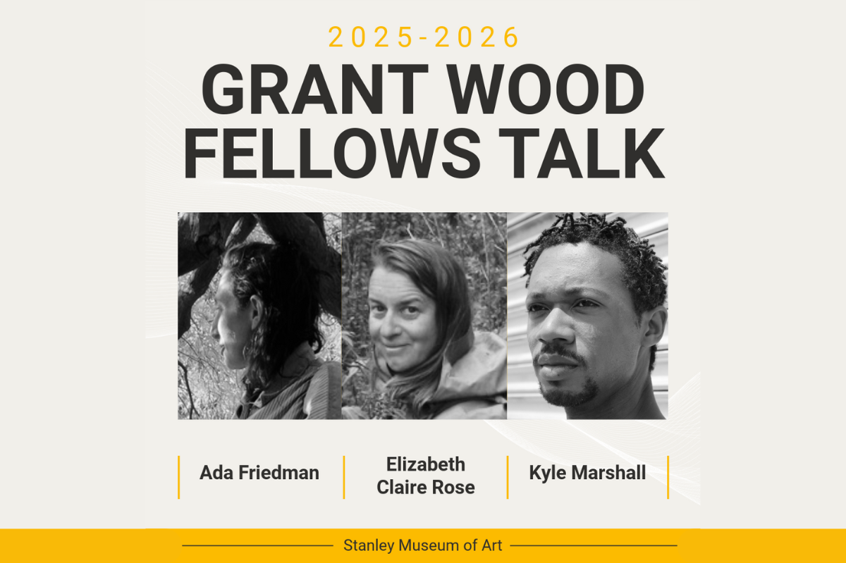 black and white images of three artists who will talk at the event