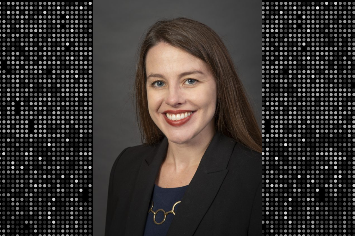 Portrait of Gwen Archibald with textured black and white background