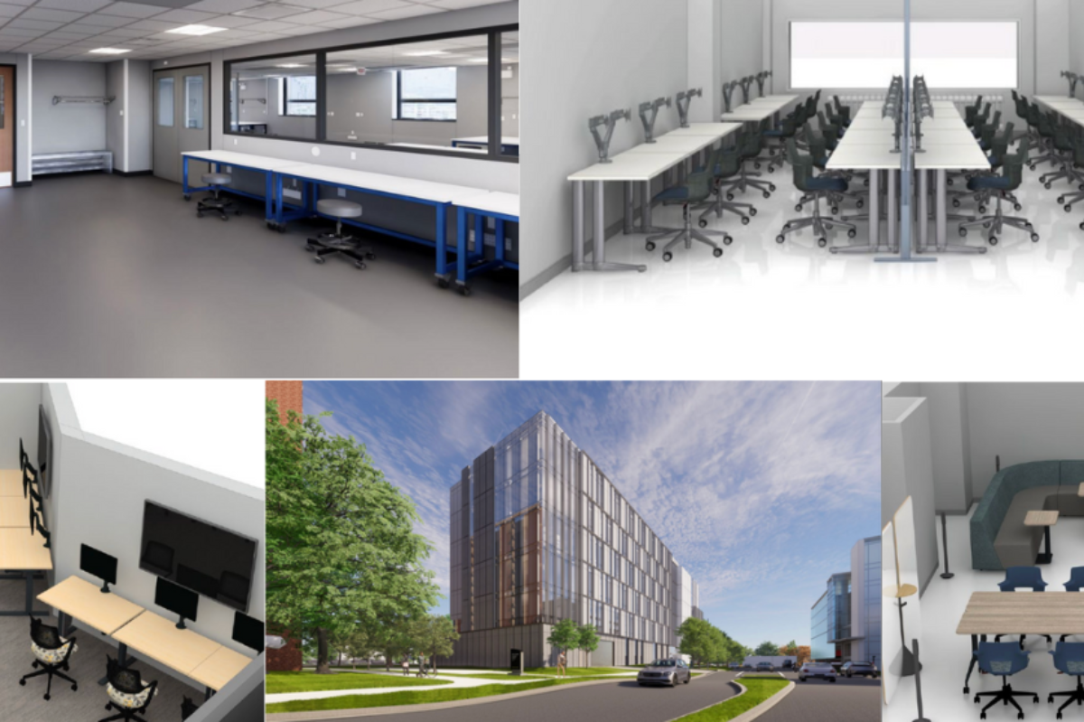 Grid of renderings of new building structures, photos of new classrooms