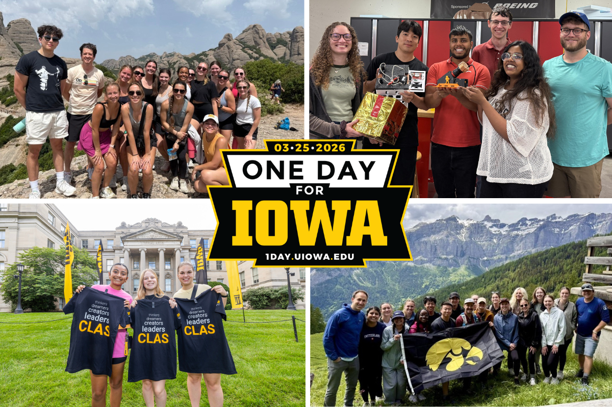 Four tiles of students posing as groups in different activities with the One Day for Iowa logo in the middle