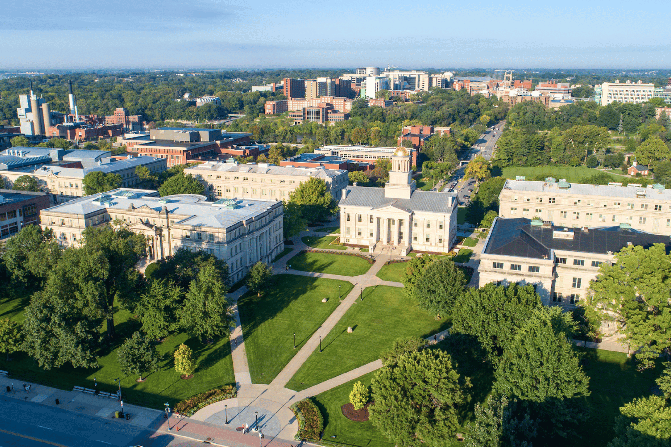 An aerial image of the Pentacrest 