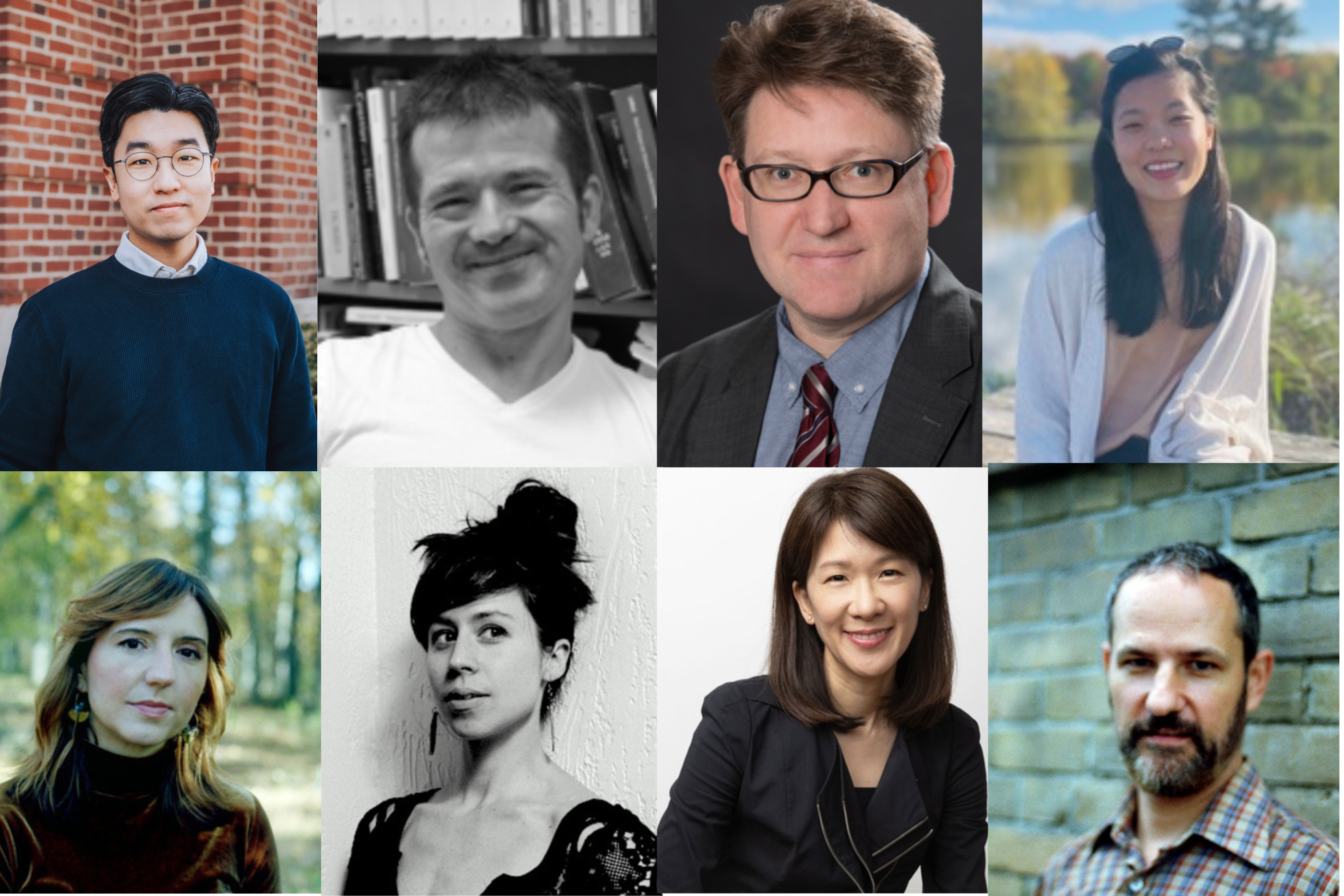 Image: Faculty portraits clockwise: Seongjoon Ahn, David Cunning, Kendall Heitzman, Cherrie Kwok, Sarah Minor, Stephanie Miracle, Alyssa Park, Stephen Voyce 