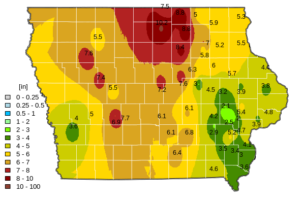 Map of total precipitation across Iowa, June 2025