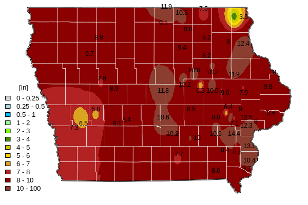 Map of total precipitation across Iowa, July 2025