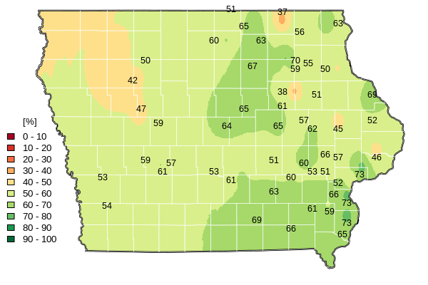Map of soil moisture across Iowa, April 2026