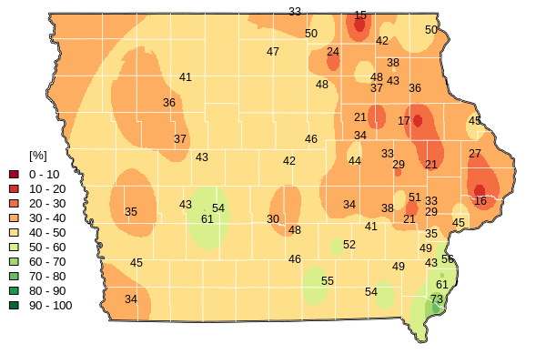 Map of soil moisture across Iowa, May 2026