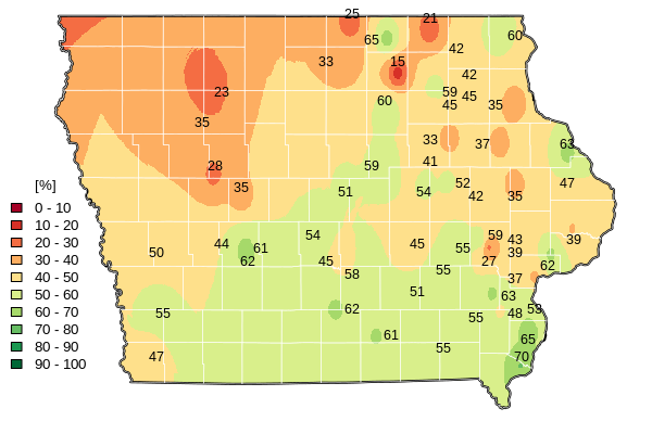 Map of soil moisture across Iowa, June 2026