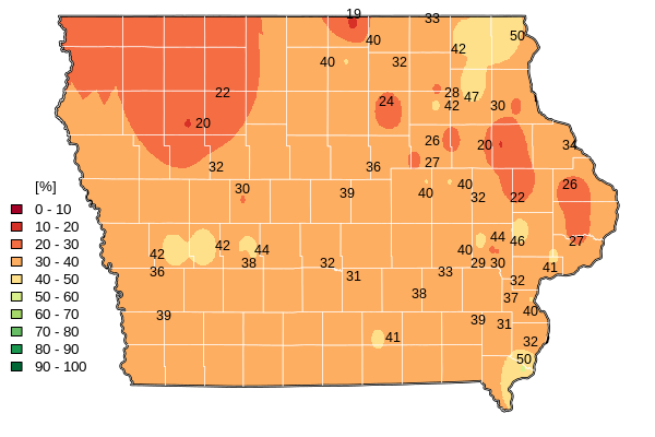Map of average monthly saturation of soil surface (in percentage).