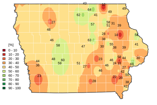 Map of average monthly saturation of soil surface (in percentage).