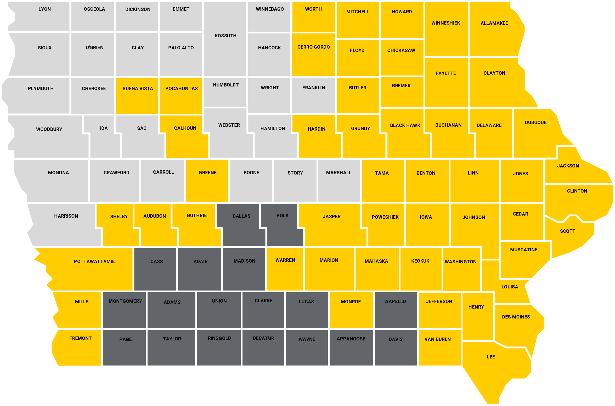 Current counties with a hydrostation and southwest Iowa expansion (dark gray)