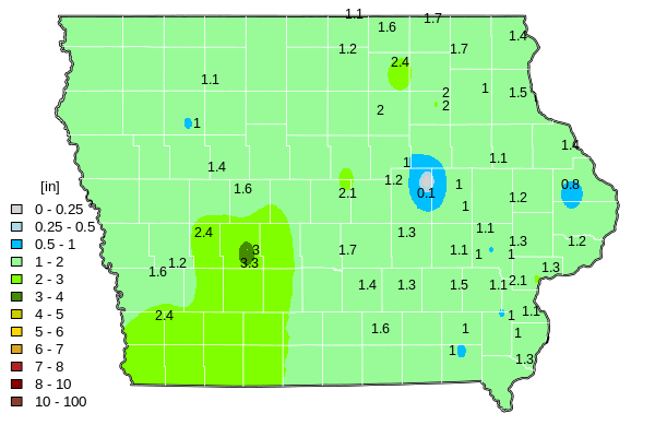 Map of total precipitation across Iowa, October 2025
