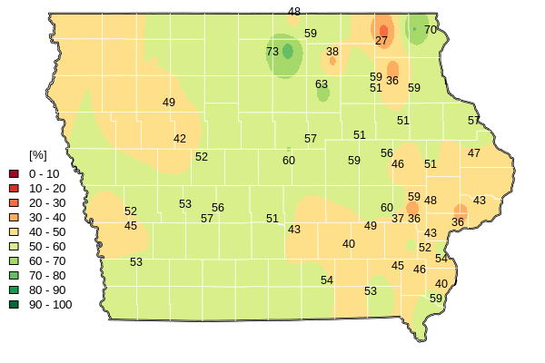 Map of average monthly saturation of soil surface (in percentage).