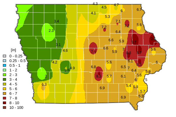 Map of total precipitation across Iowa, April 2026