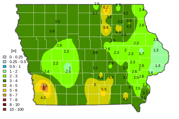 Map of total precipitation across Iowa, May 2026