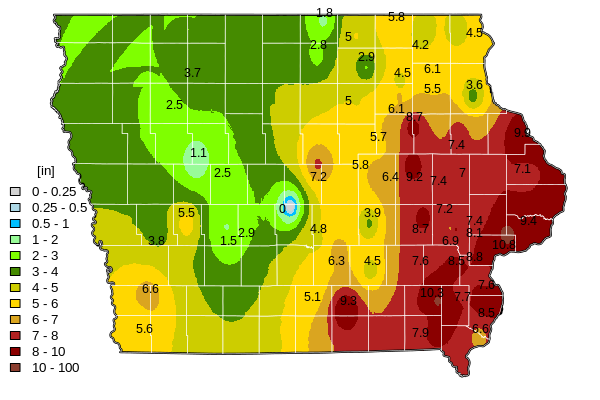 Map of total precipitation across Iowa, June 2026