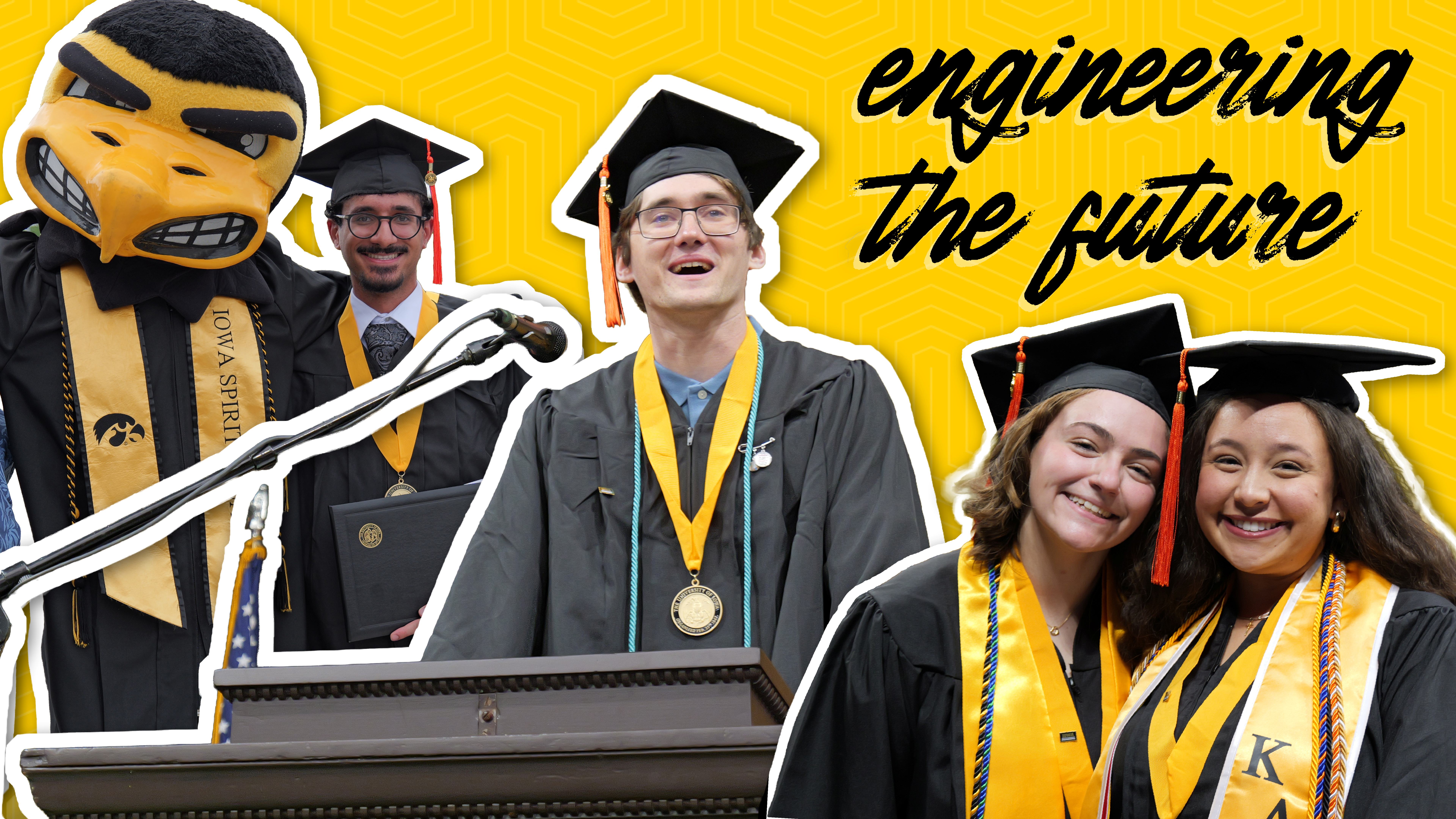 Graphic of faces of students in graduation regalia 