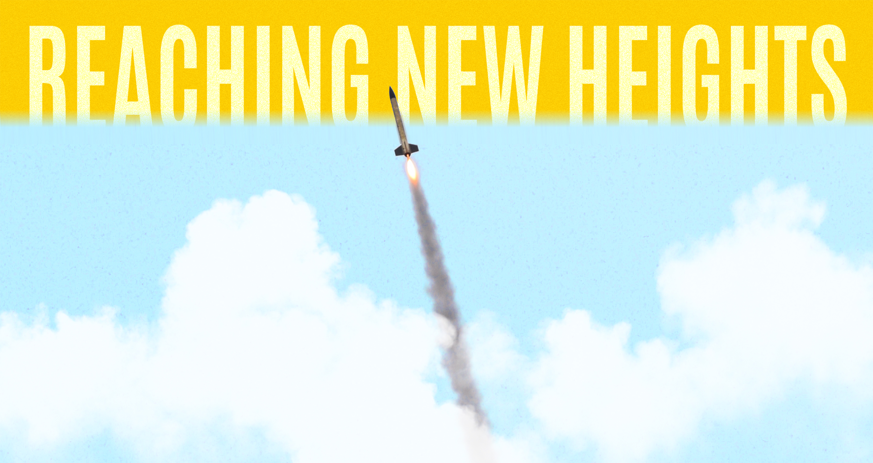 a hand-built rocket taking off into the sky surrounded by clouds