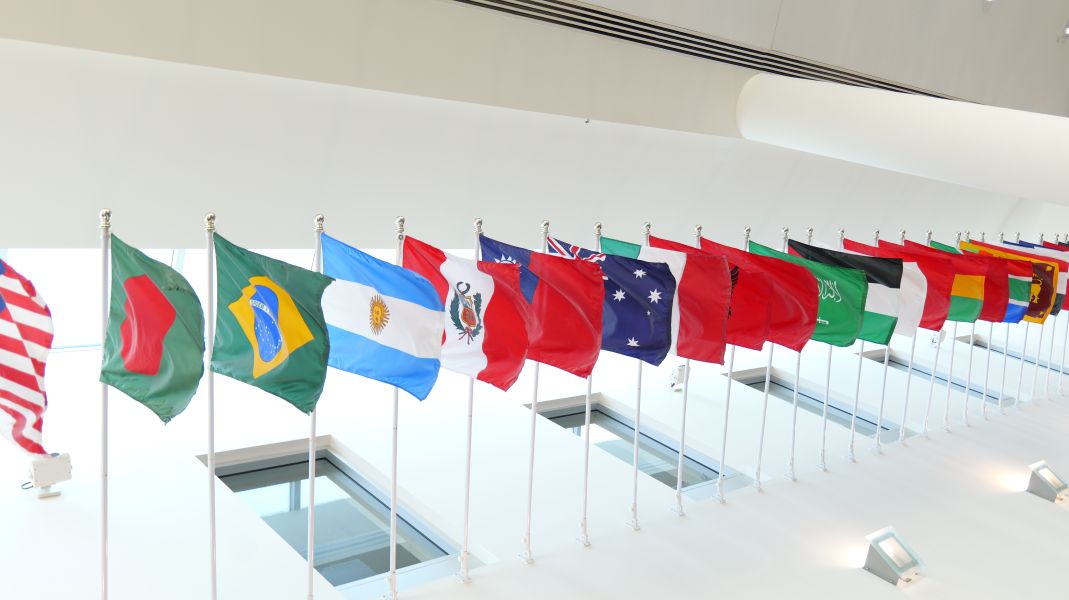 flags hang in the student commons