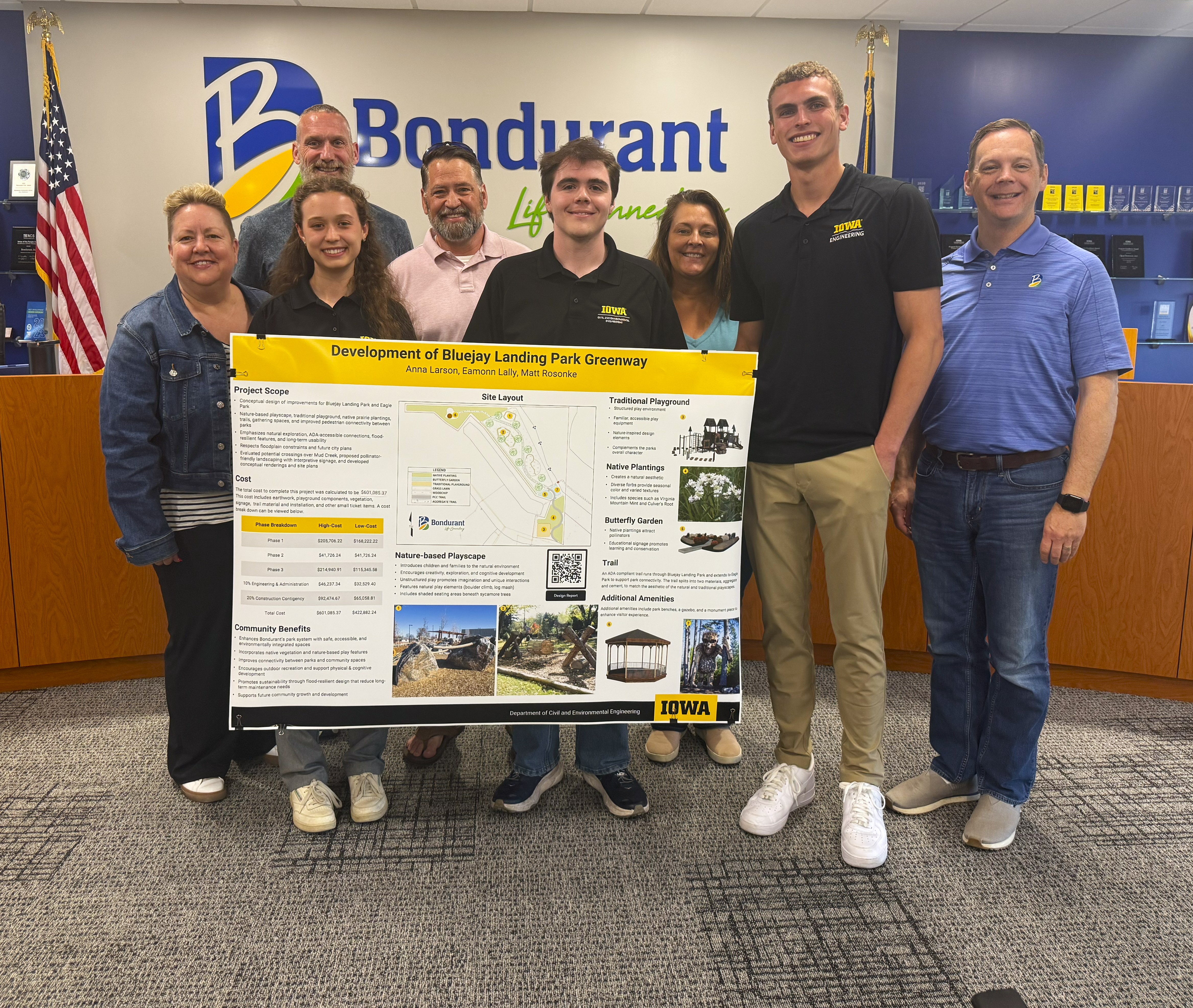 A group of Engineering students standing in Bondurant City Hall with the mayor and City Council holding their presentation poster 