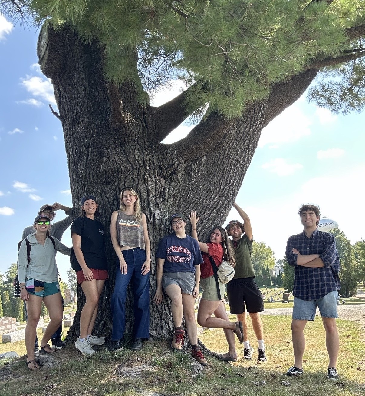 A group of 8 people stand smiling under a large pine tree 