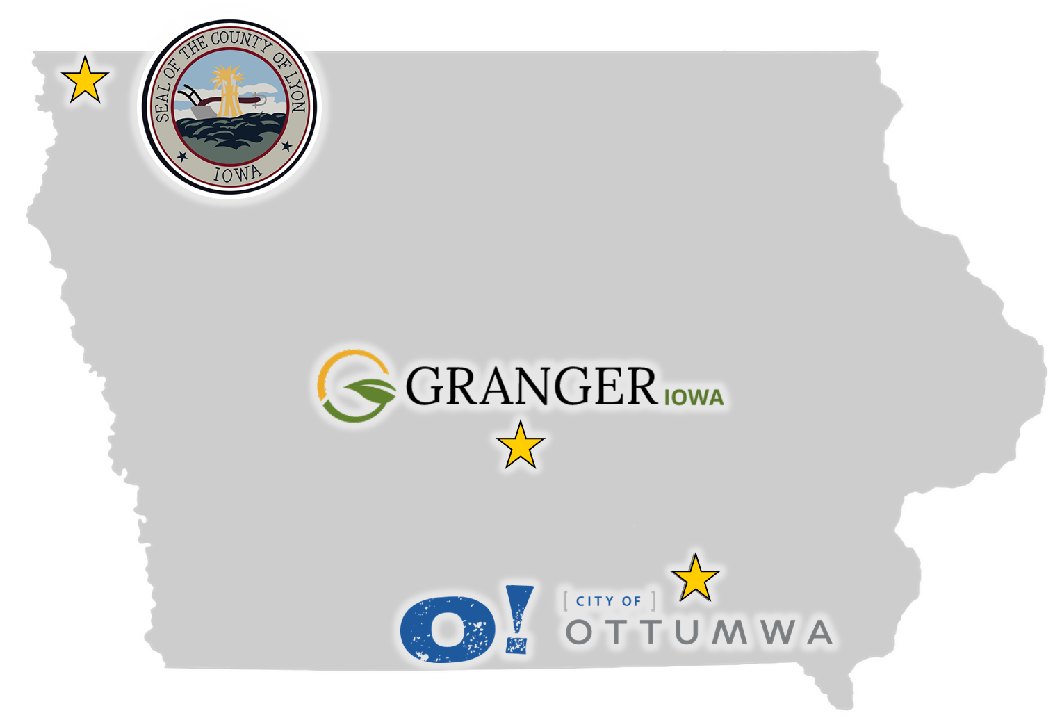 A map of Iowa with stars next to Lyon County, Ottumwa, Granger 