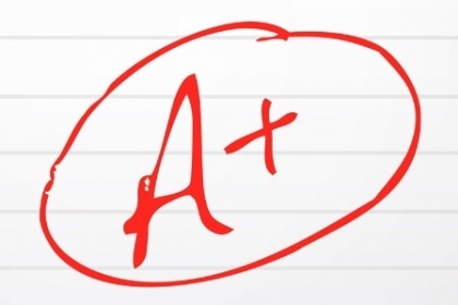 Lined notebook paper with an A+ grad circled and written in red. 