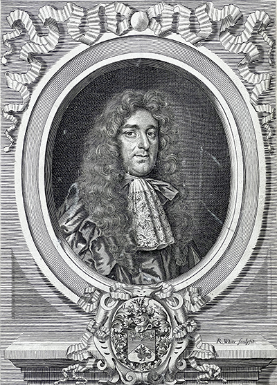 Black and white illustration of John Browne in a white wig from Browne's A compleat treatise of the muscles..., 1681.