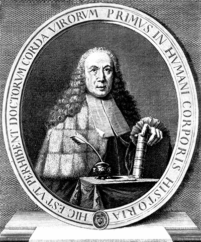Black and white illustration of Giovanni Morgagni from Morgagni's De sedibus, et causis morborum per anatomen indagatis libri quinque, 1765.