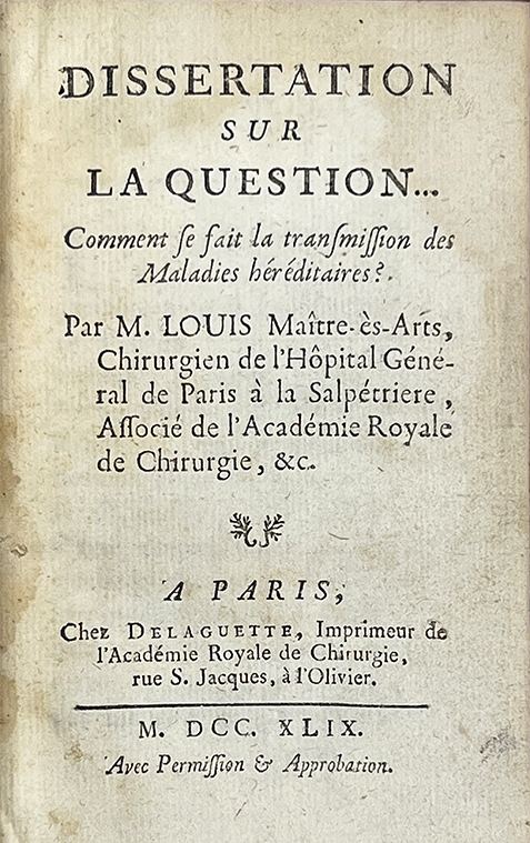 Color photo of the reddish brown leather cover and spine, gilded with a flower and stem in each of the six compartments, from a Sammelband of Louis's Dissertation sur la question--comment se fait la transmission des maladies h&eacute;r&eacute;ditaires? [Dissertation on the question--how are hereditary diseases transmitted?] and Observation et remarques sur les effets du virus canc&eacute;reux [Observation and remarks on the effects of the cancer virus], 1749.
