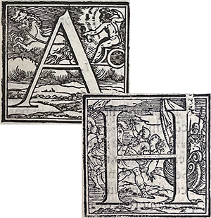 Color photo of illustrated initials A and H from Fallopius's Libelli duo, alter de ulceribus: alter de tumoribus praeter naturam, 1563.