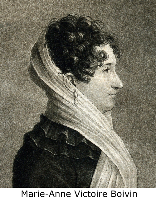 Black and white illustration of Marie-Anne Victoire Boivin shown in profile in a black dress with a white scarf wrapped around her head, by Bouchard, undated.