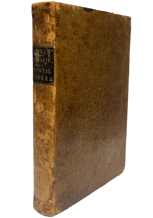 Color photo of the borwn leather cover and spine title from Nathanial Chapman's Lectures on the more important diseases of the thoracic and abdominal viscera, 1844.