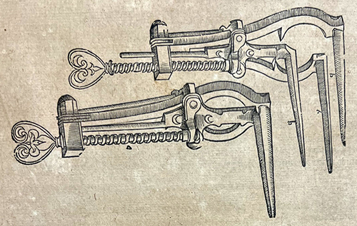 A three pronged speculum from Pare's Opera, 1582.