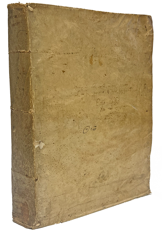 Color photo of the limp vellum cover from Durante's Herbario nuovo, 1585.