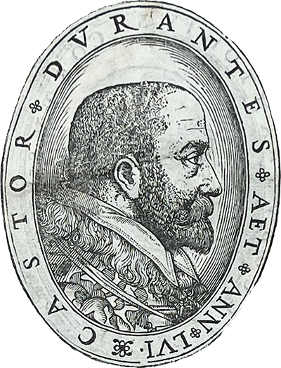 Cropped color photo of a black and white printed illustration of Castore Durante in profile in an oval frame, from Durante's Herbario nuovo, 1585.