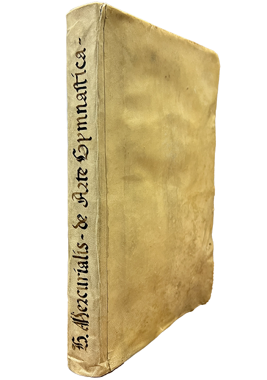 Color photo of the limp vellum cover, with the title and author written in manuscript on the spine, from Mercuriale's De arte gymnastica libri sex, 1587.