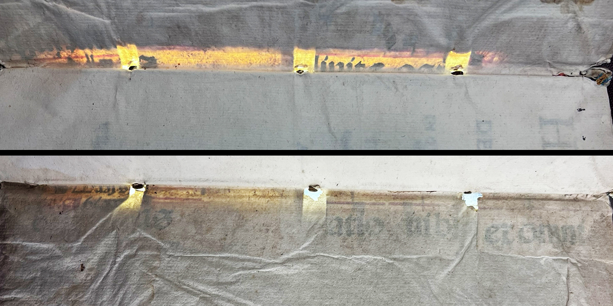 Cropped color photo of a composite image of the inside the front and rear hinge of the binding with backlight showing evidence of manuscript waste, from Mercuriale's De arte gymnastica libri sex, 1587.