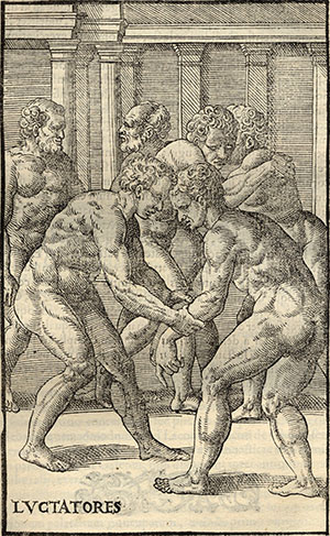 Cropped color photo of a black and white illustration of several naked, male wrestlers from aniquity practicing their craft, from Mercuriale's De arte gymnastica libri sex, 1587.