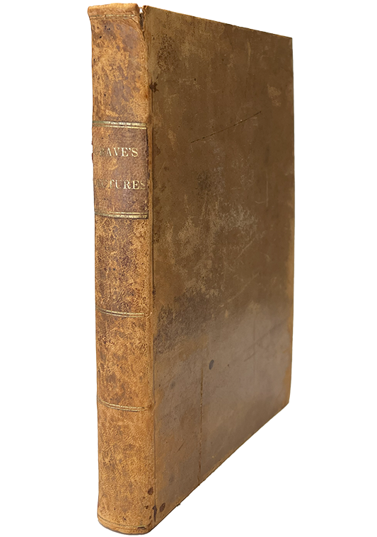 Cropped color photo of the brown calfskin cover from Graves' Clinical lectures delivered during the sessions of 1834-5 and 1836-7, 1838.